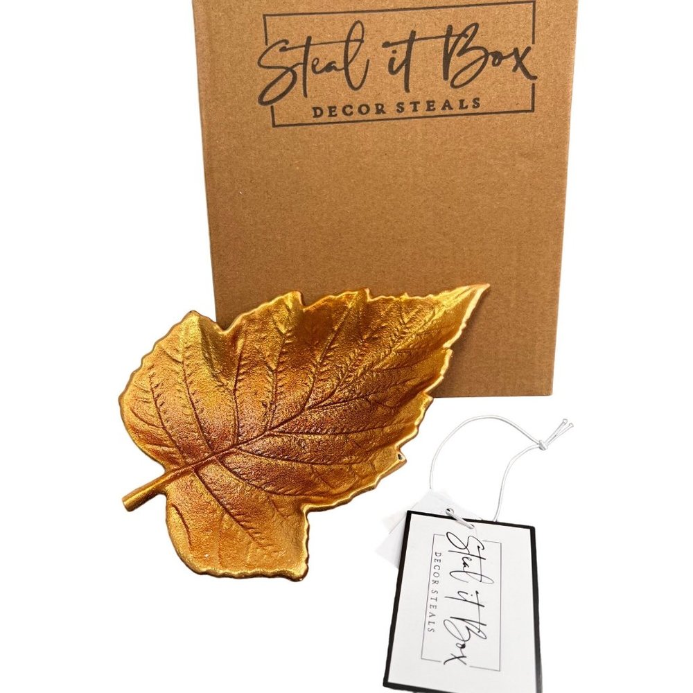 Decor Steals Golden Metal Leaf Tray Dish Fall Decor Cast Iron Candy Jewelry NIB